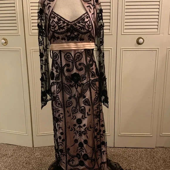 Elegant Black and Pink Embroidered Dress with matching bolero jacket - Picture 2 of 6